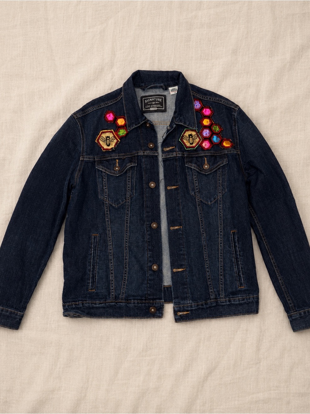 Vintage Levi Strauss Denim Jacket Bee Honeycomb Patch Size L - Picture 4 of 7